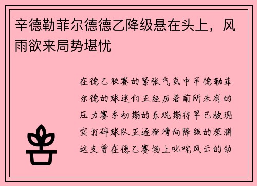 辛德勒菲尔德德乙降级悬在头上，风雨欲来局势堪忧